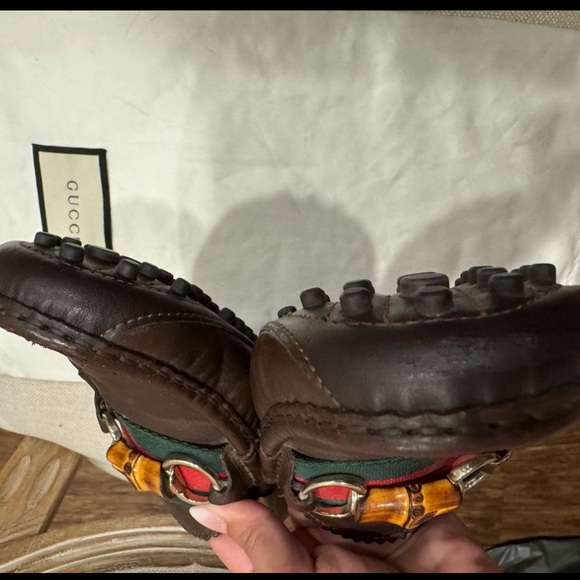 GUCCI LOAFER LETHER DARK BROWN WEB BAMBOO SLIP ON LOAFER SIZE 38 - Picture 8 of 9